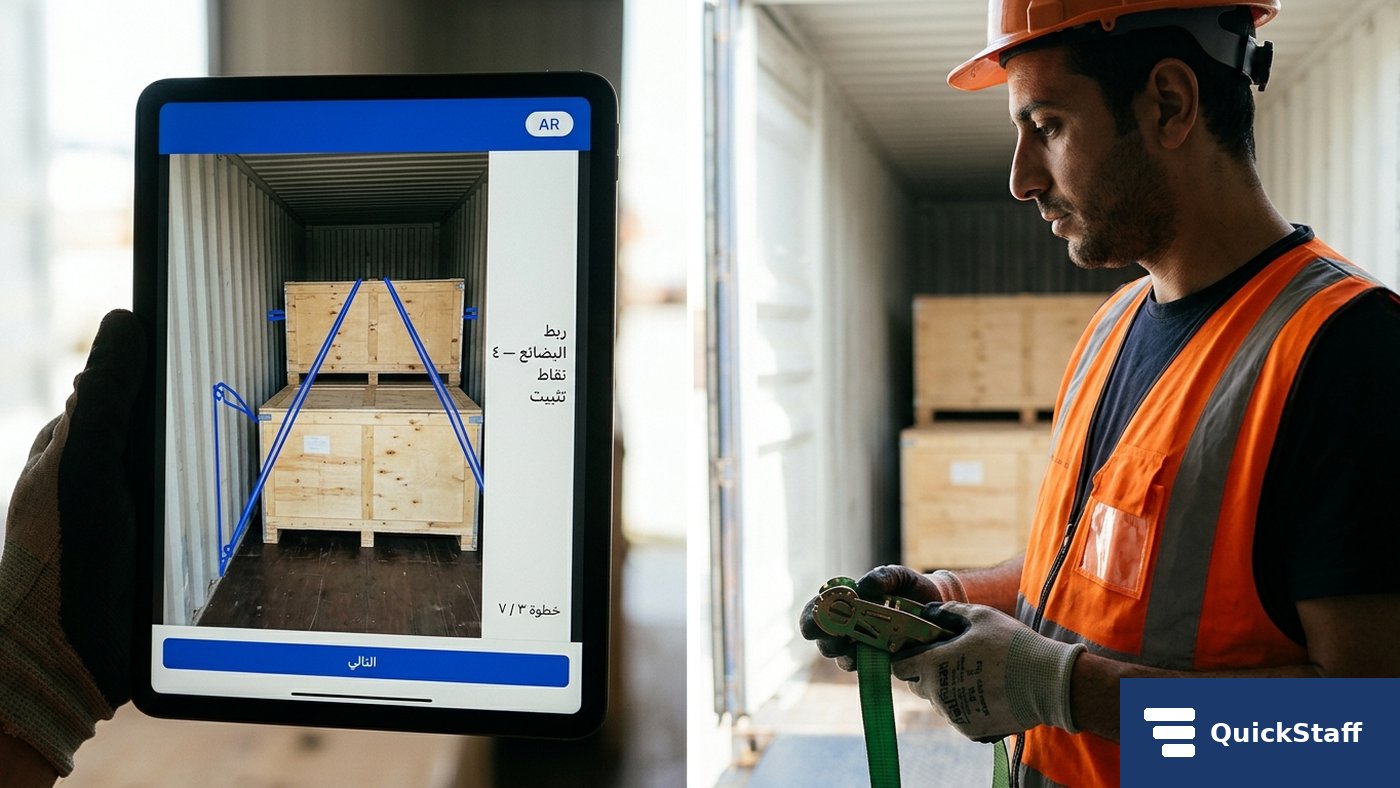 Container-Beladung mit Lashing, Tablet zeigt AR-Routing