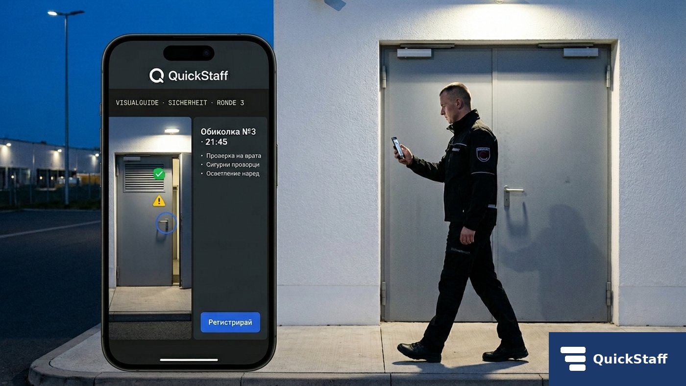 Sicherheits-Mitarbeiter mit Phone bei Objektrundgang